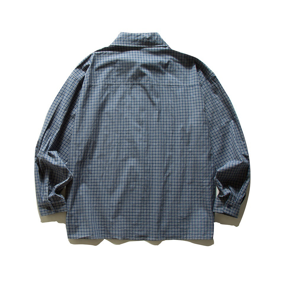 Back view of a blue and gray plaid long-sleeve button-up shirt laid flat.