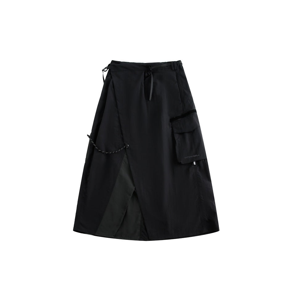 Black midi A-line cargo skirt flat lay with an asymmetric overlapping front, side flap pocket and drawcord detail