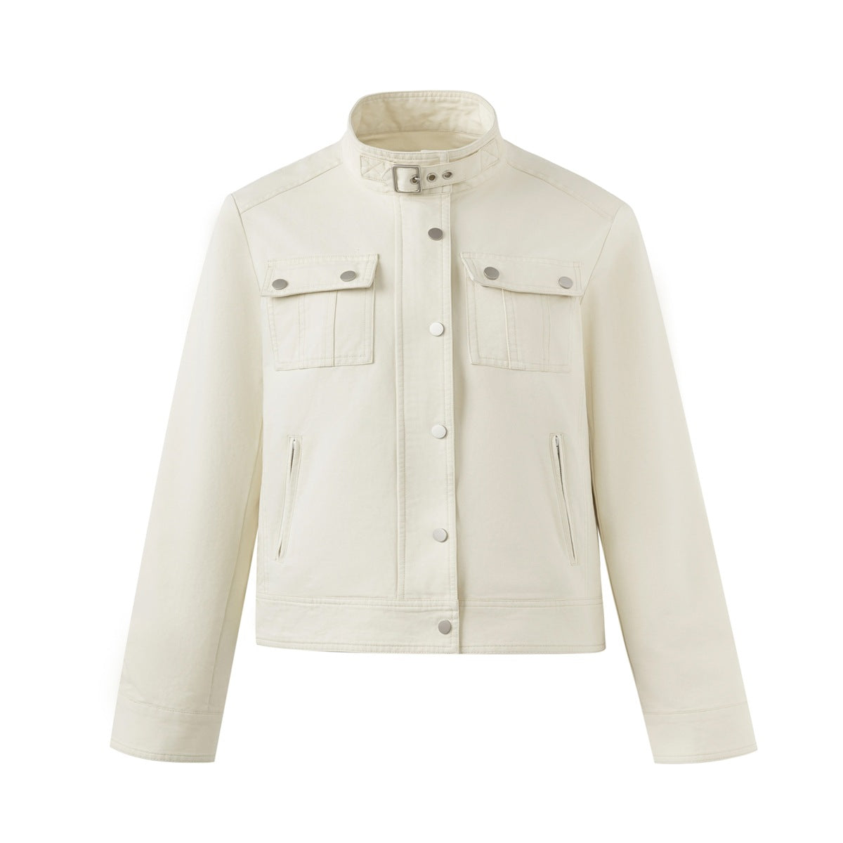Off-white cropped stand-collar jacket flat lay with buckled collar strap, snap placket, chest flap pockets and zip pockets