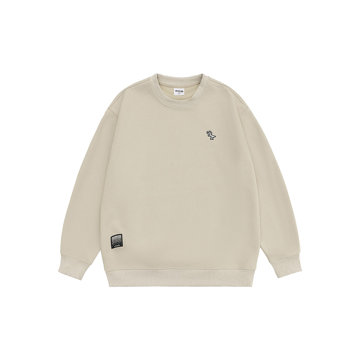 Light beige crew-neck sweatshirt flat lay with small embroidered dinosaur on the chest and a label patch at the lower hem