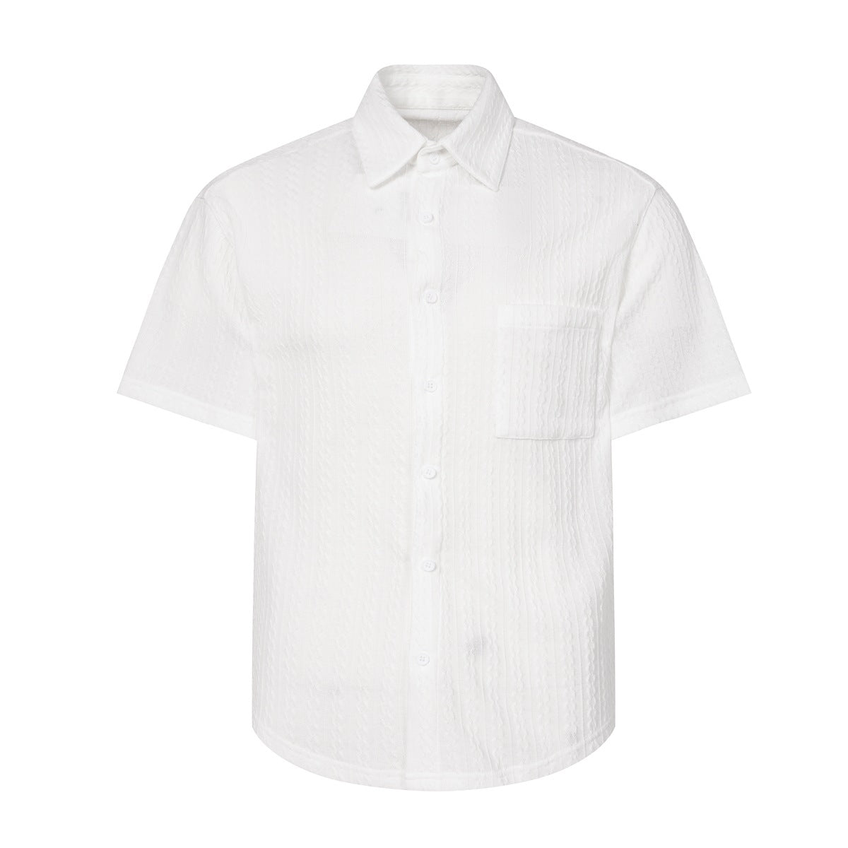 Front view of a white short-sleeve button-up shirt with a pointed collar, chest pocket, and textured knit pattern.