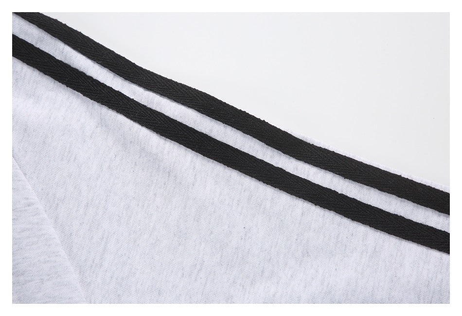 Close-up of the sweatshirt's black-and-gray striped shoulder trim.