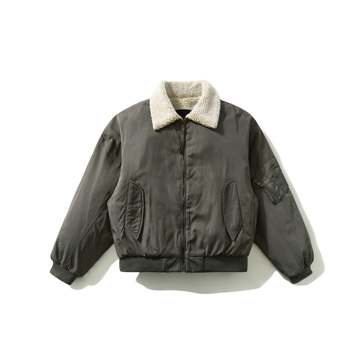 Dark gray zip-front bomber jacket with cream fleece-like collar, ribbed cuffs and hem, and sleeve zip pocket, flat lay