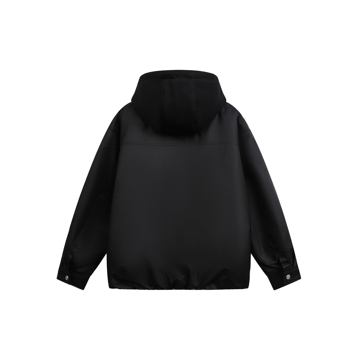 Back view of a black hooded jacket with long sleeves, a seam across the upper back, and snap cuffs.