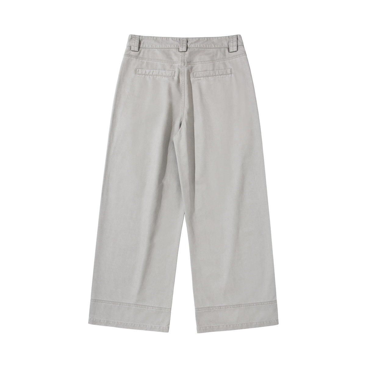 Back view of light gray wide-leg trousers with belt loops, two welt pockets and stitched hems.