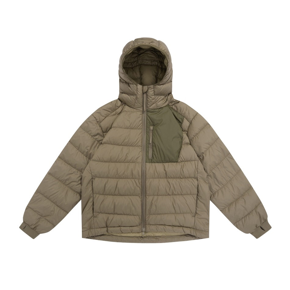 Front view of a taupe hooded puffer jacket with horizontal quilting, a dark olive chest panel, and a full-length zipper.