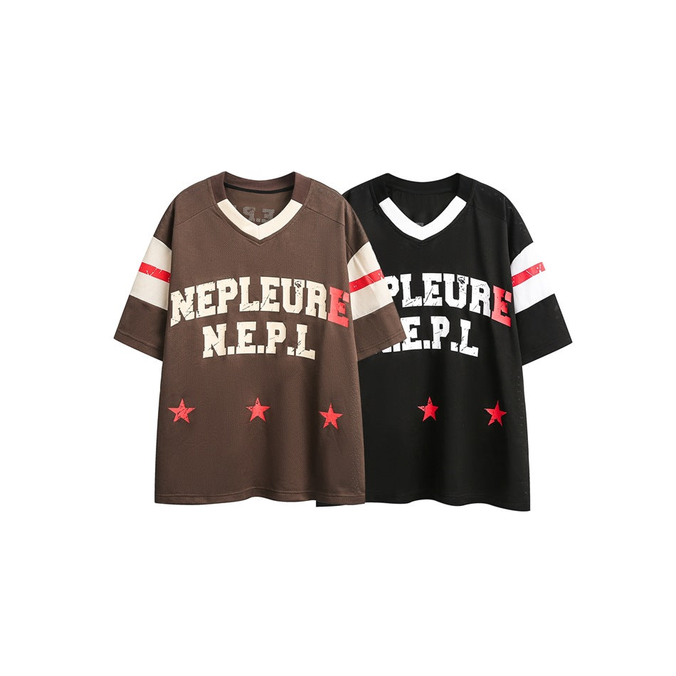 Brown and black short-sleeve V-neck shirts with cream or white trim, red sleeve stripes, lettering and stars.