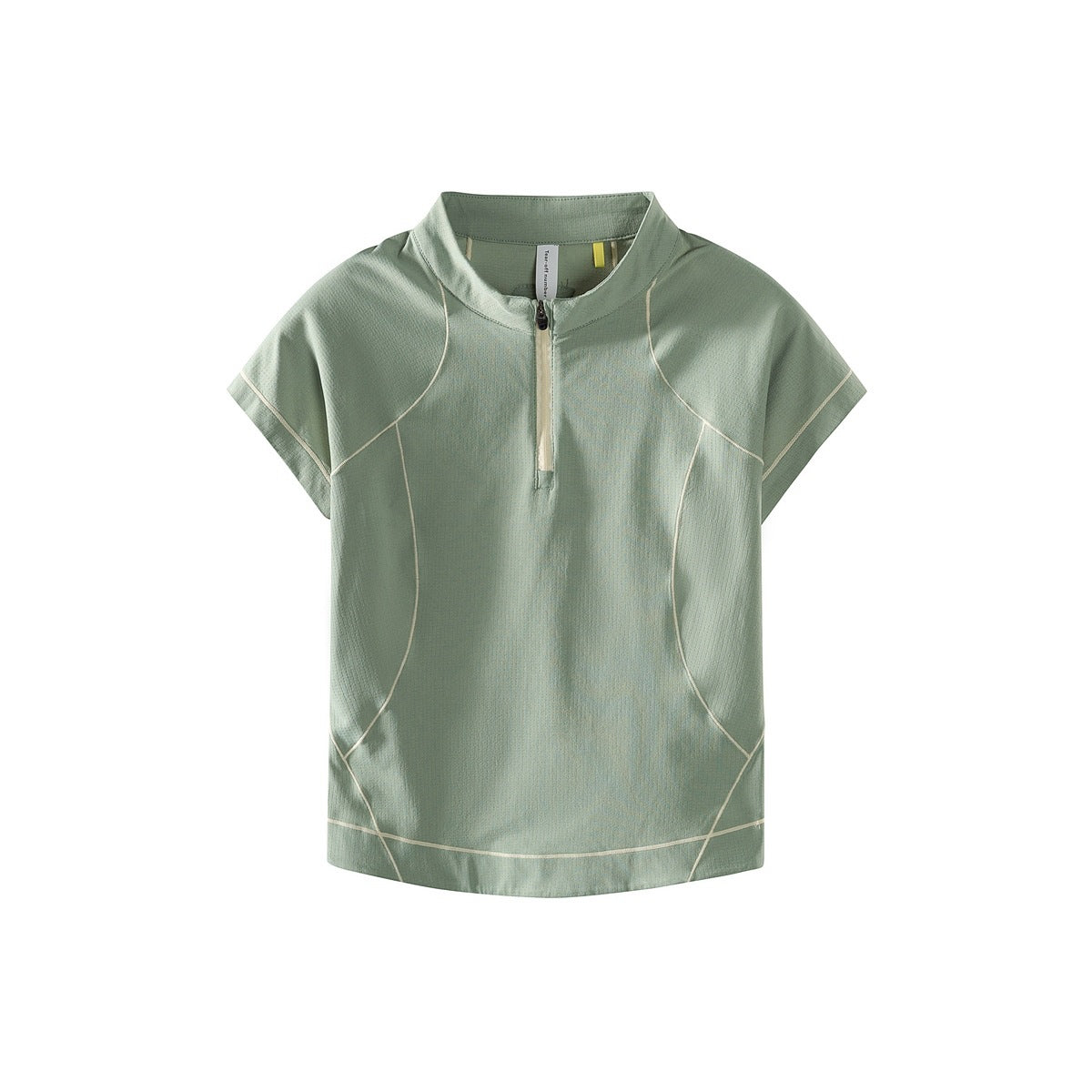 Haze green half-zip short-sleeve top with cream contrast topstitching and zipper tape, flat front view