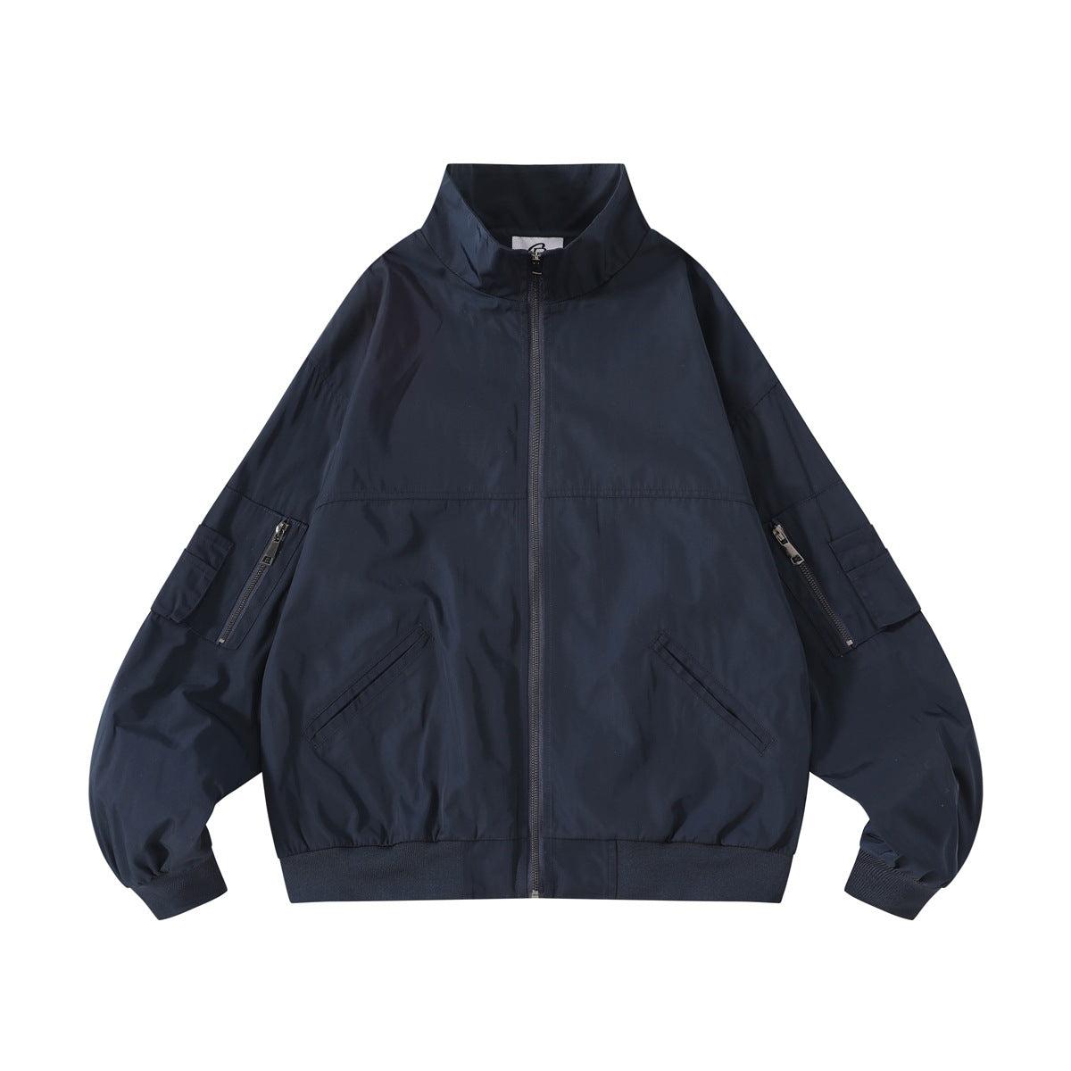 Navy blue zip-up jacket with stand collar, slanted front pockets, zippered sleeve pockets and ribbed hem, flat front view