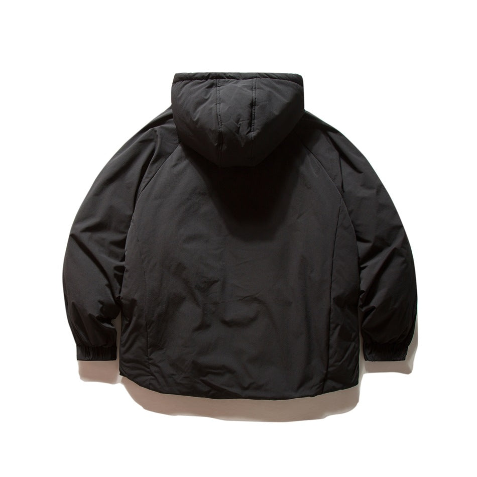 Black hooded jacket shown from the back, with long sleeves and a plain back panel.