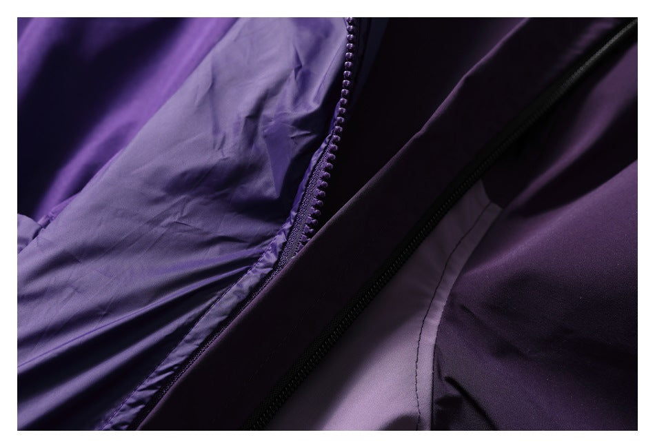 Close-up of a purple jacket showing its front zipper and shiny fabric.
