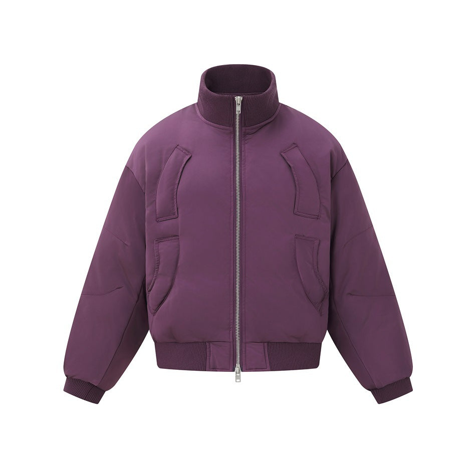 Purple padded bomber-style jacket with ribbed stand collar, silver front zip and ribbed cuffs and hem, front view