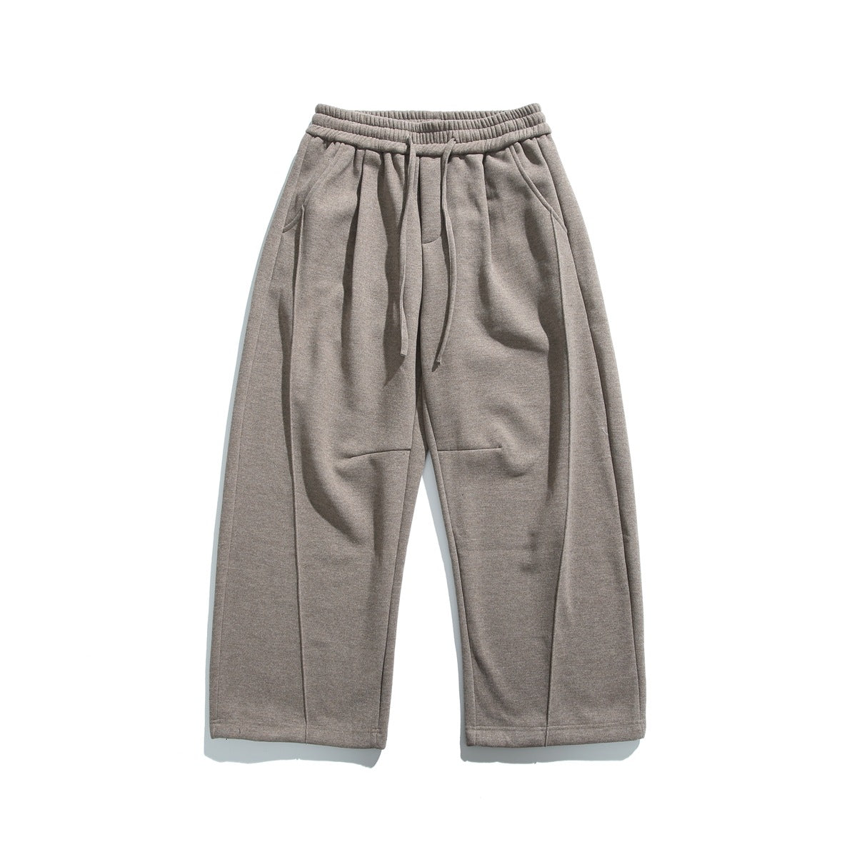 Coffee brown wide-leg drawstring pants, flat lay, front view with elastic waistband and slanted pockets