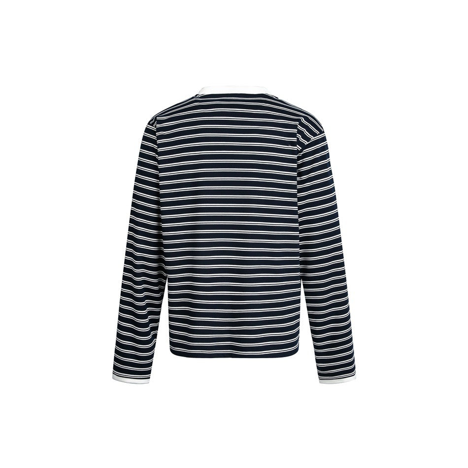 Back view of a dark navy long-sleeve shirt with thin white horizontal stripes and white sleeve cuffs.