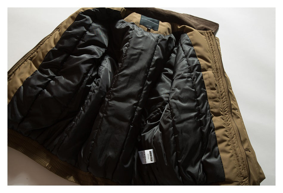Brown jacket opened flat to show its black quilted lining, inner labels, and zipper.