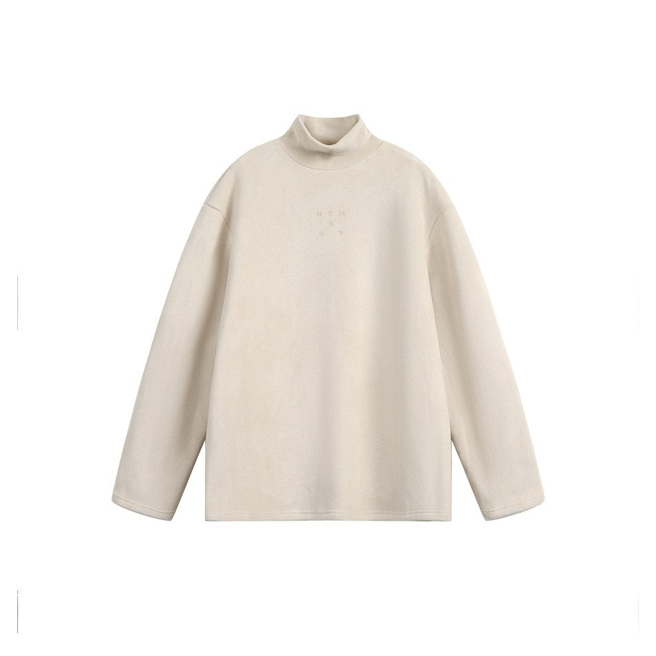 Beige mock-neck long-sleeve pullover flat lay with small tonal lettering at the center chest