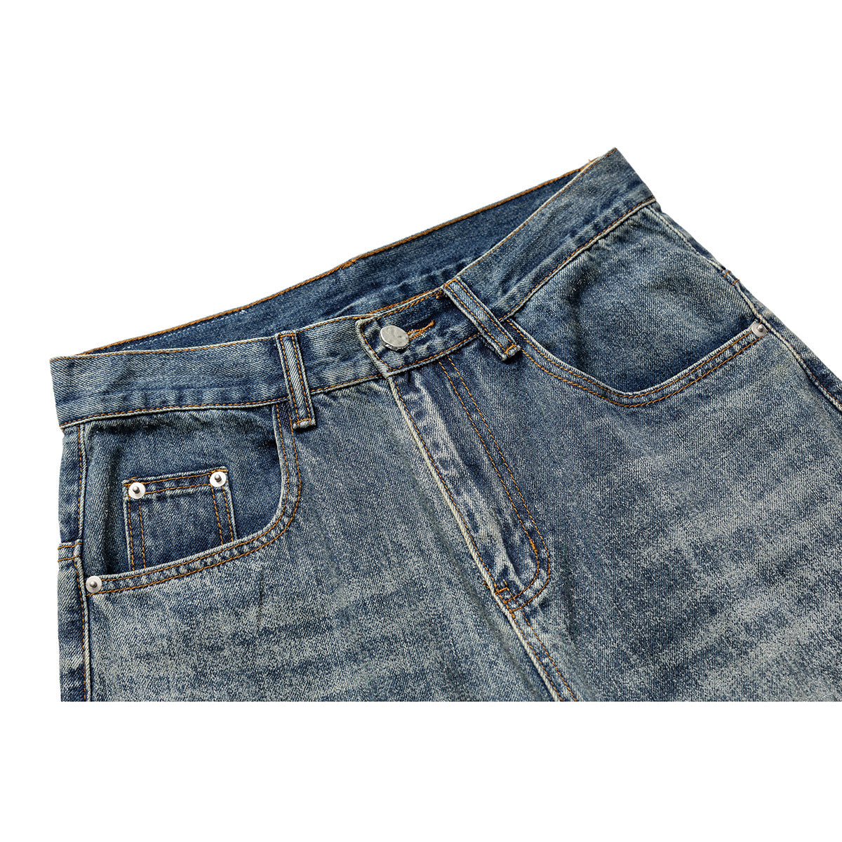Close-up of blue faded jeans showing the front waistband, button, fly, belt loops and pockets.
