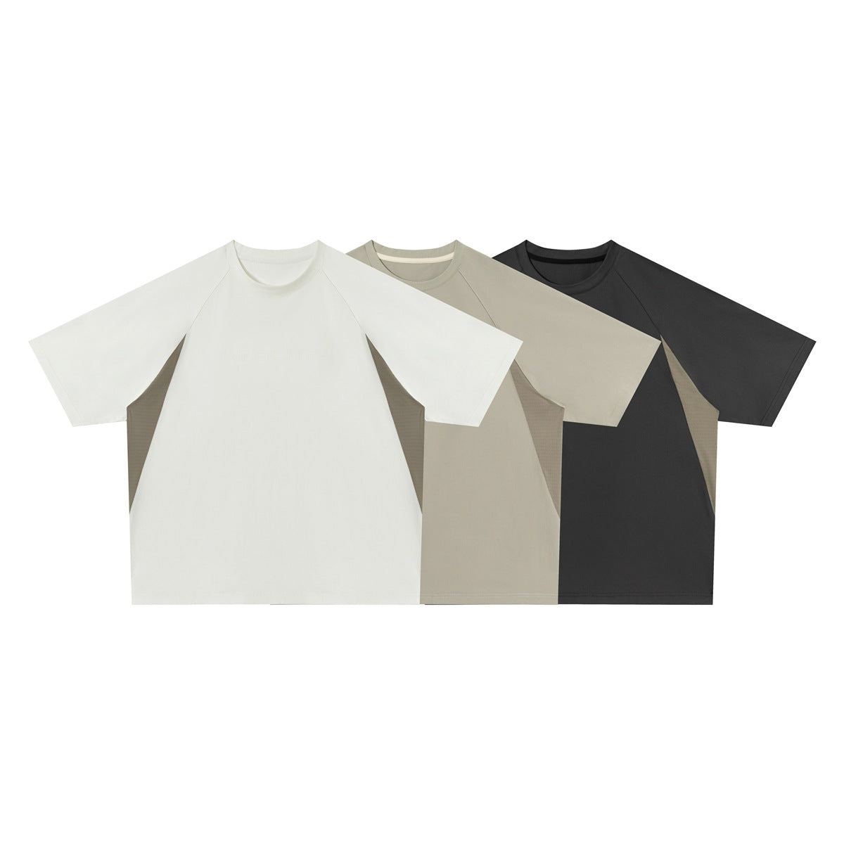 Three short-sleeve raglan crew-neck shirts shown together in white, taupe, and charcoal.