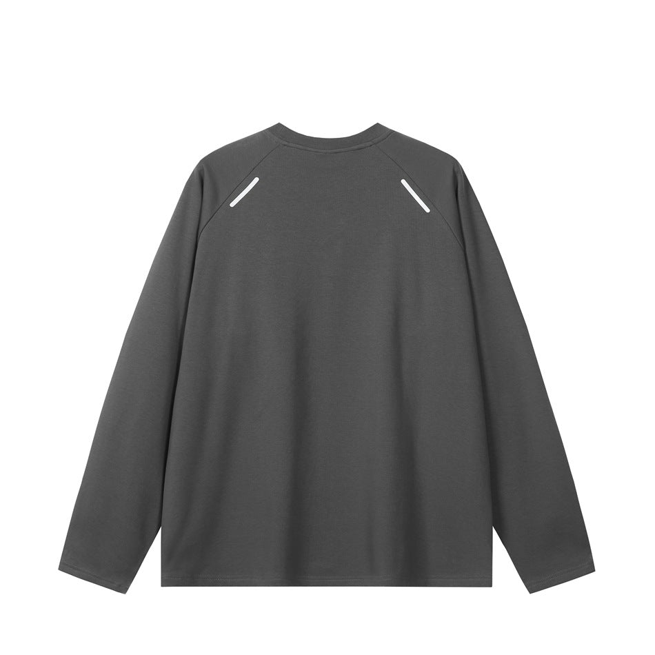 Dark gray raglan long-sleeve top back view with two diagonal white strips near the upper back seams