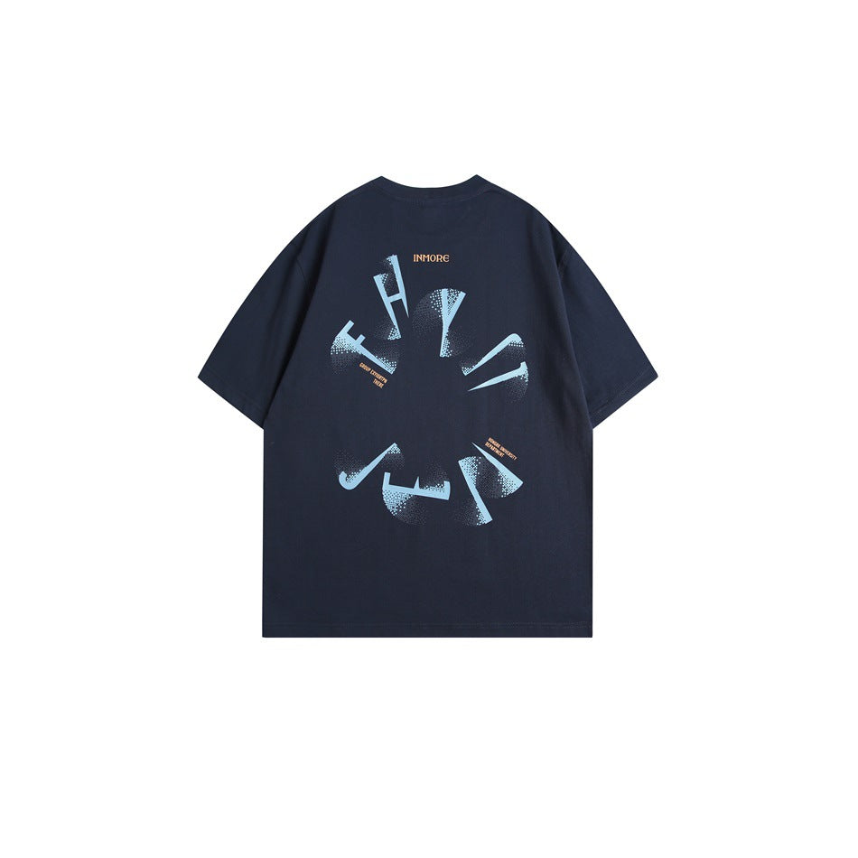 Navy short-sleeve crew-neck t-shirt back with large light blue circular fragmented-letter graphic print