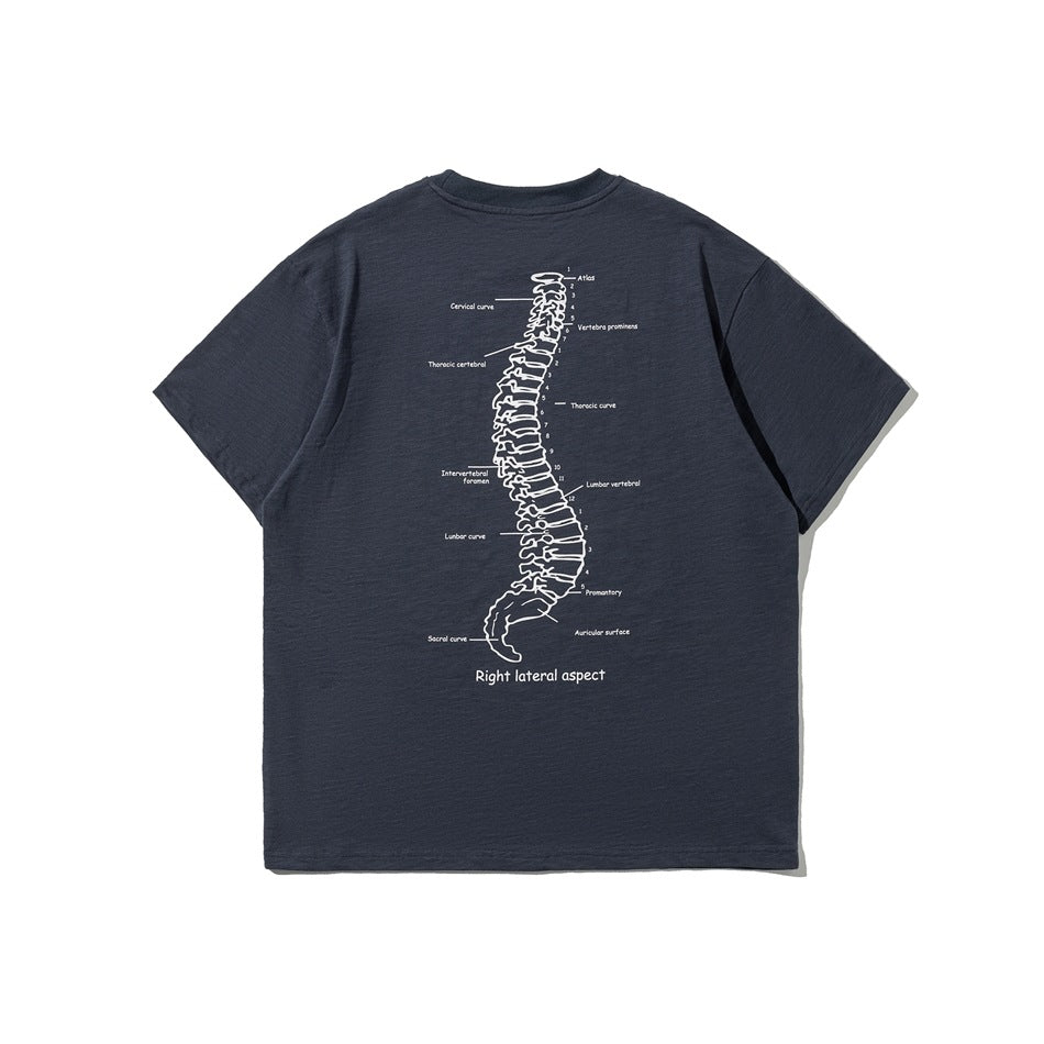Dark blue short-sleeve crew neck T-shirt, back view, with white spine illustration and anatomical labels