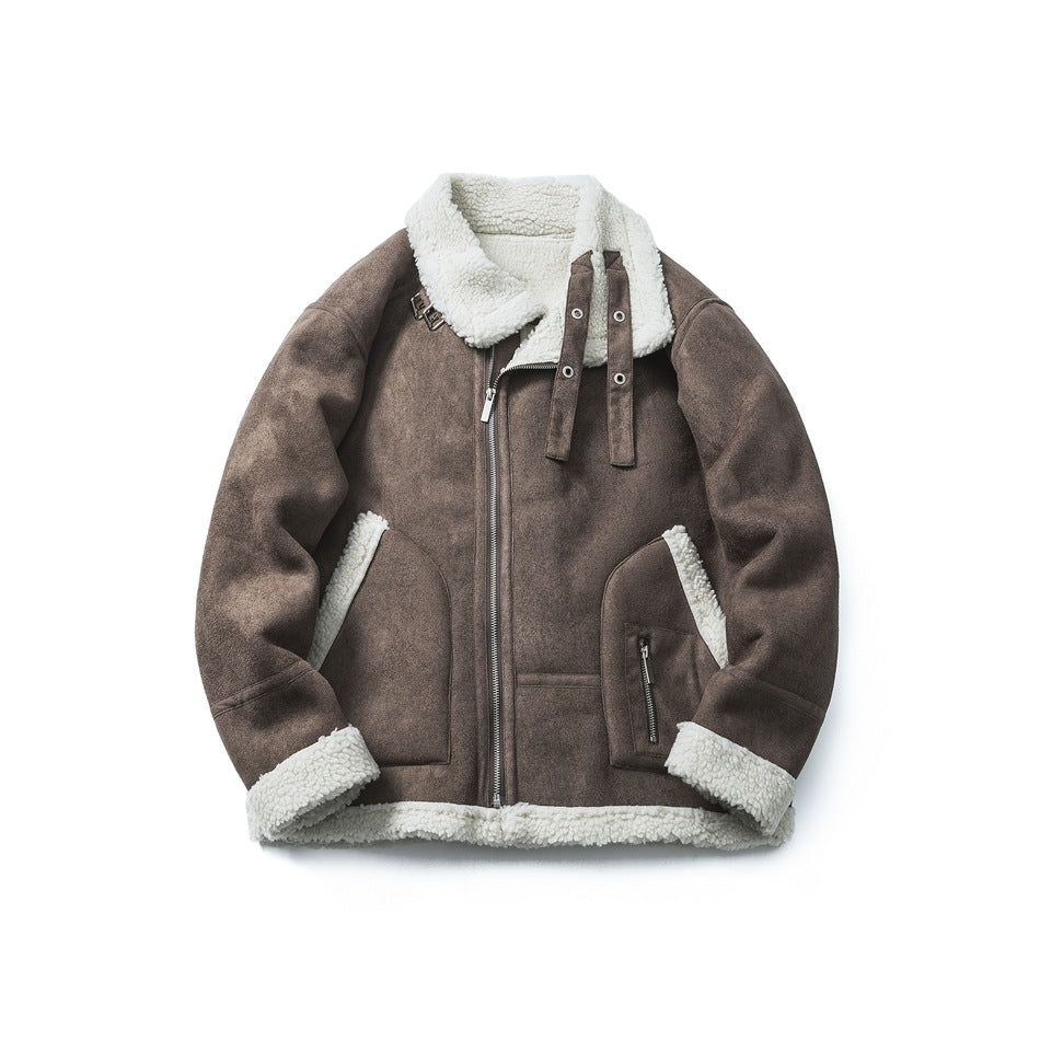 Brown suede-look zip jacket with cream fleece collar, cuffs and hem, shown flat from the front