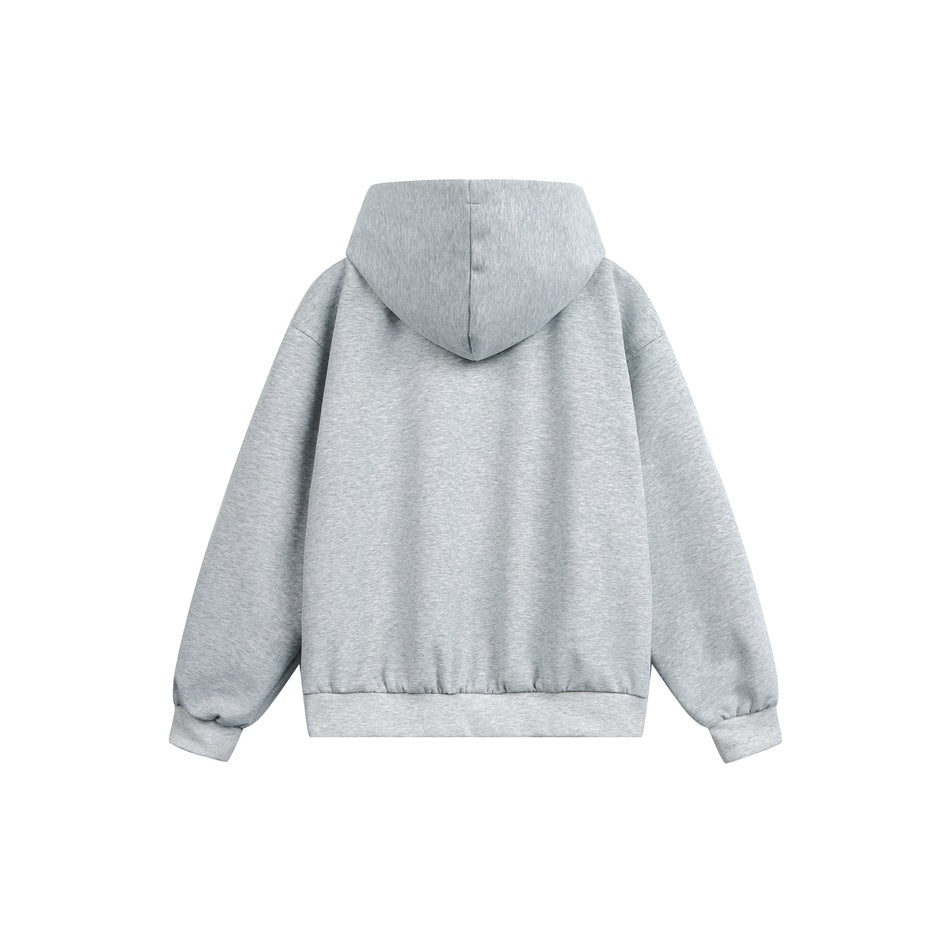 Back view of a plain light gray zip-up hoodie with a hood, long sleeves, and ribbed cuffs and hem.