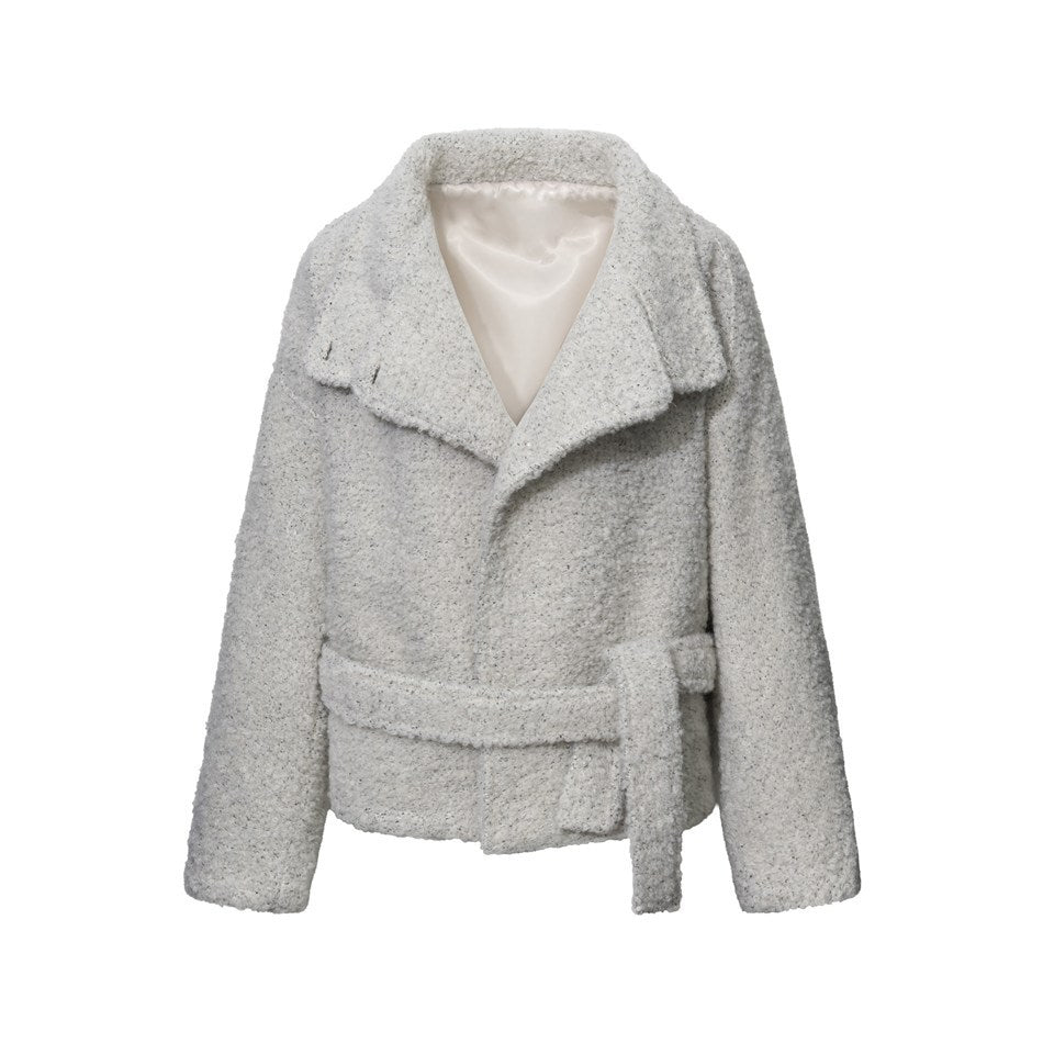 Light gray textured short belted jacket with wide collar and cream lining, front view on white background