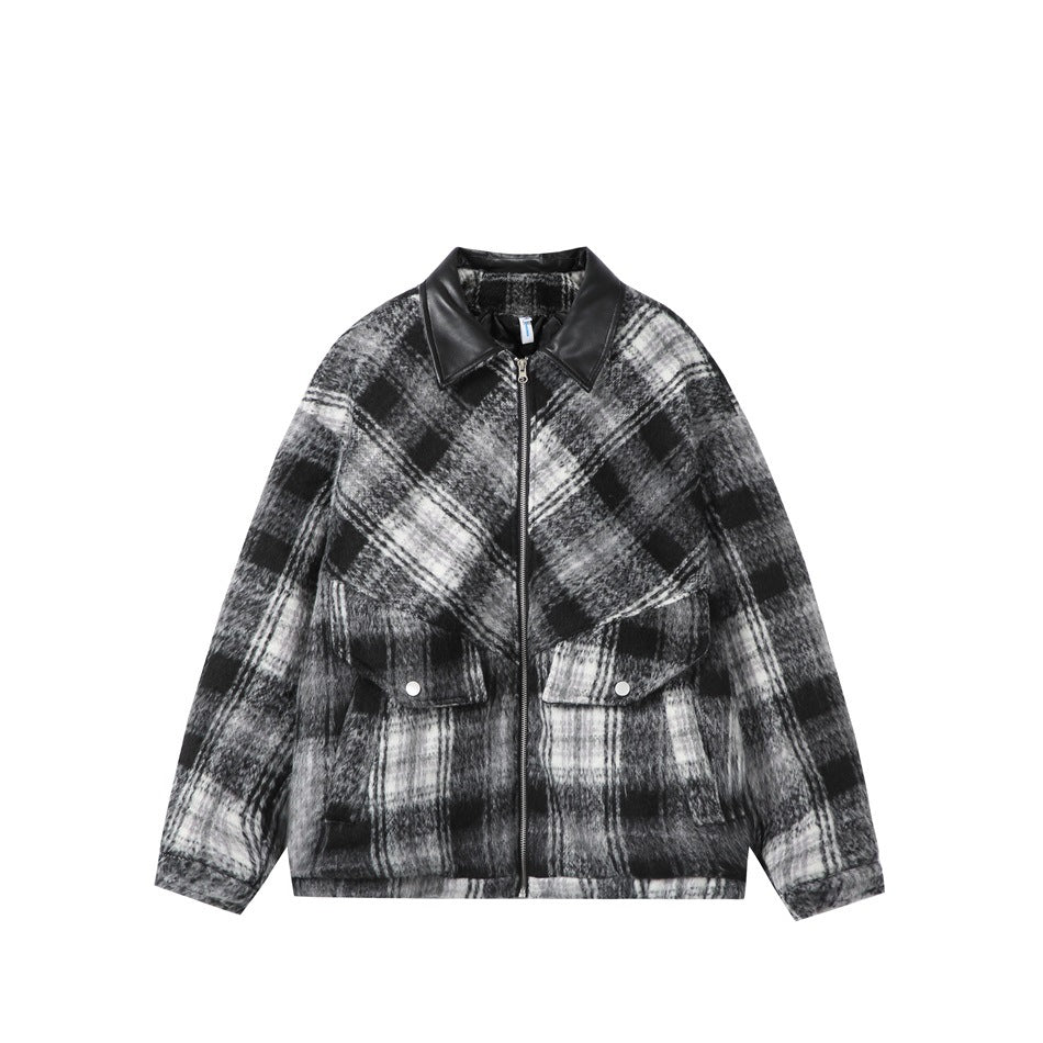 Black, white and gray plaid zip jacket with leather-look collar, diagonal chest panel and flap pockets, front view