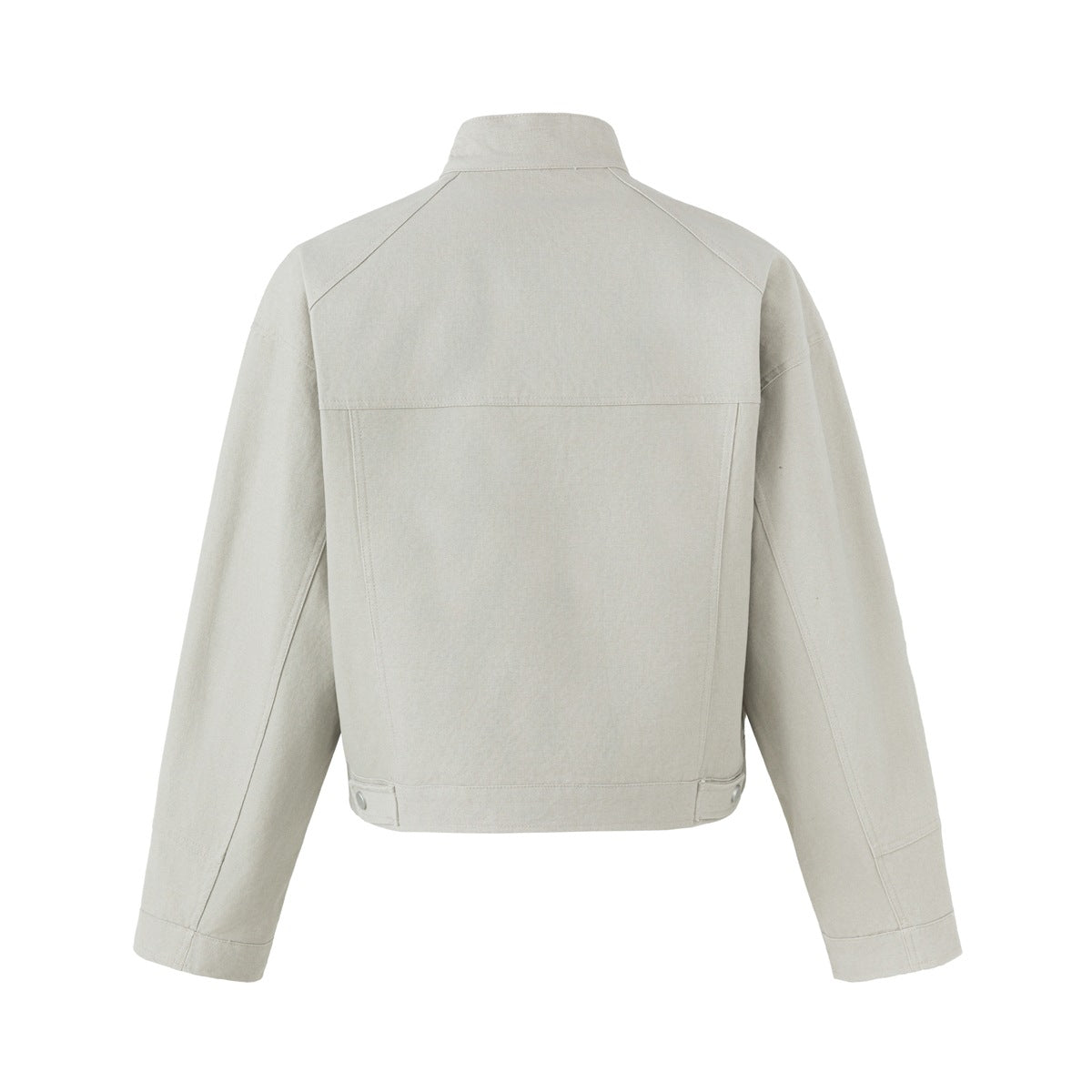 Back view of a light gray-beige jacket with a stand collar, long sleeves, and stitched panel details.