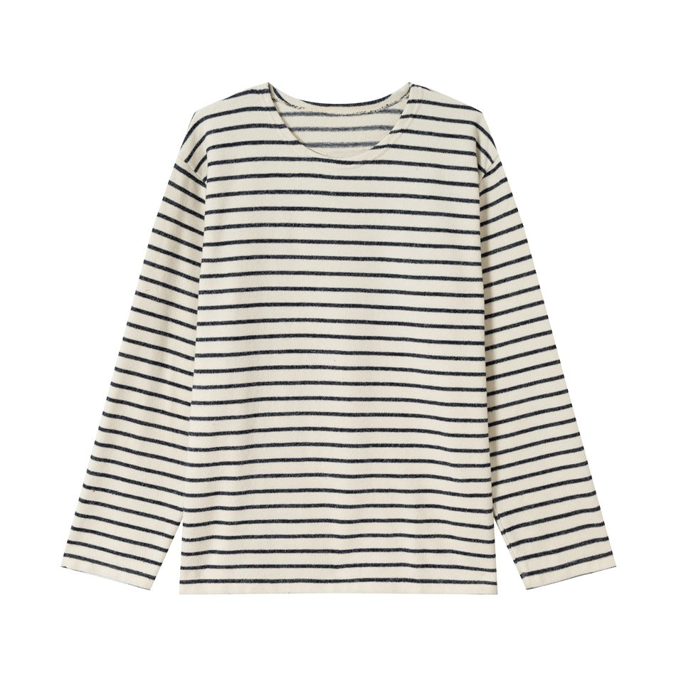 Cream and dark navy striped long-sleeve crew neck top, flat lay front view