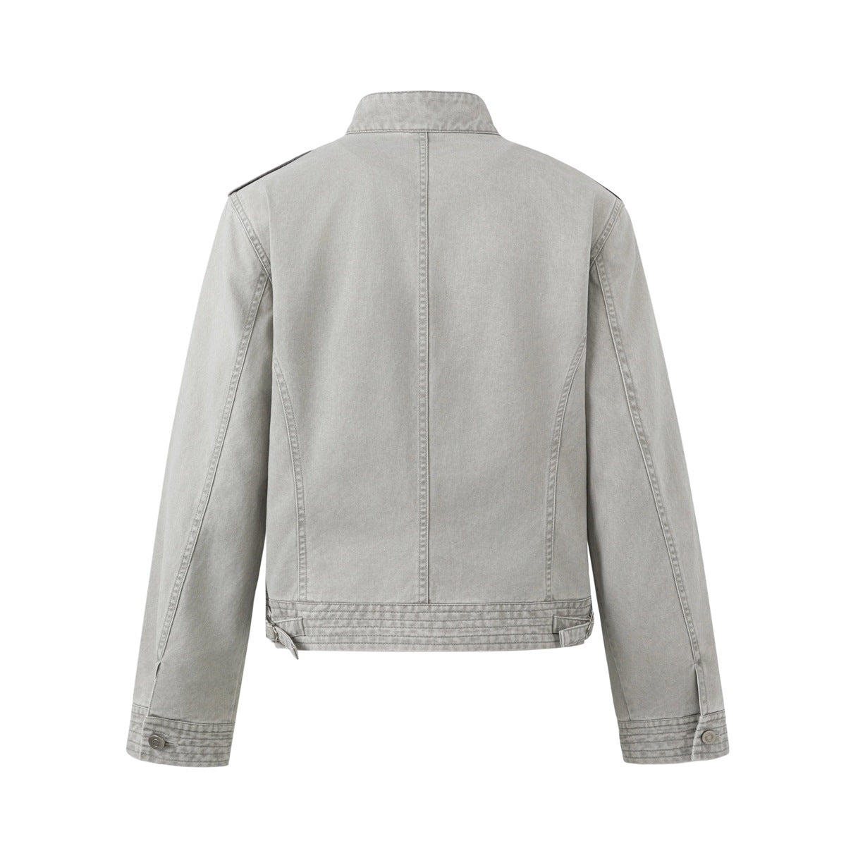 Back view of a light gray jacket with a stand collar, center seam, panel stitching, and tabbed hem and cuffs.