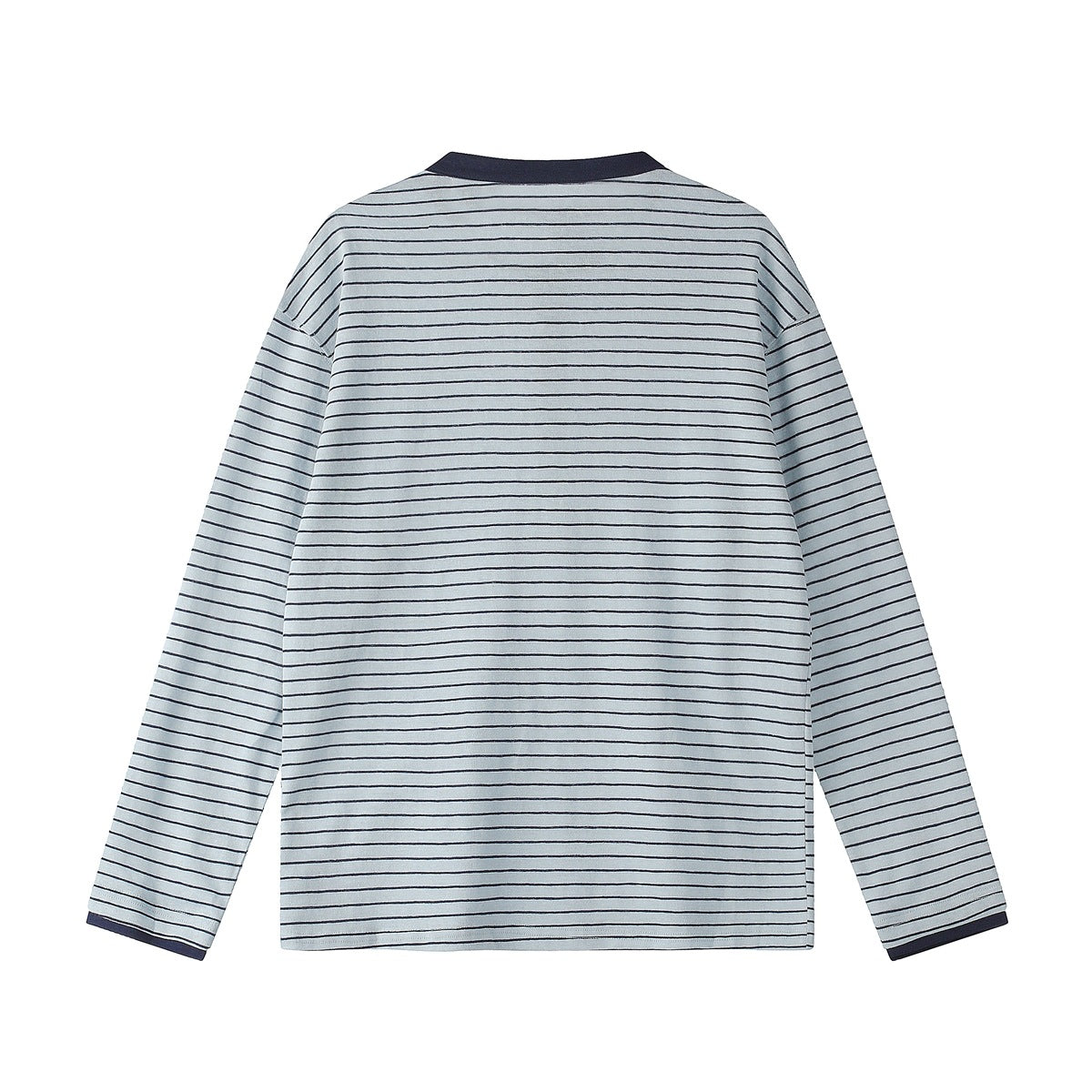 Back view of a light gray long-sleeve shirt with thin navy horizontal stripes and dark collar and cuffs, laid flat.