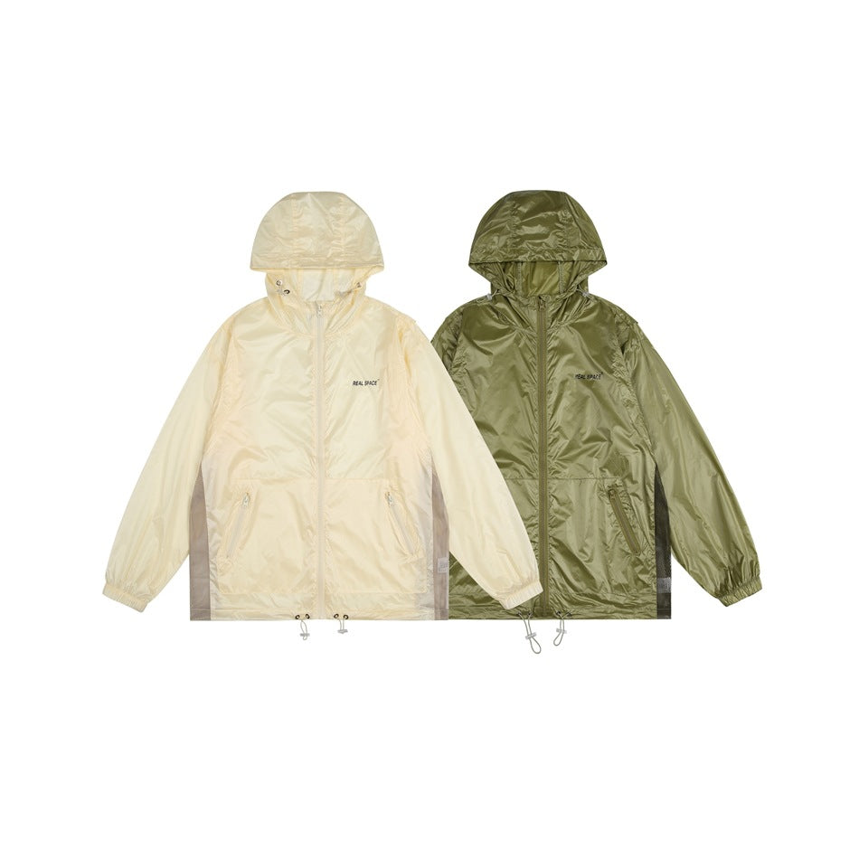 Two hooded zip jackets shown side by side in pale cream and dark olive green.