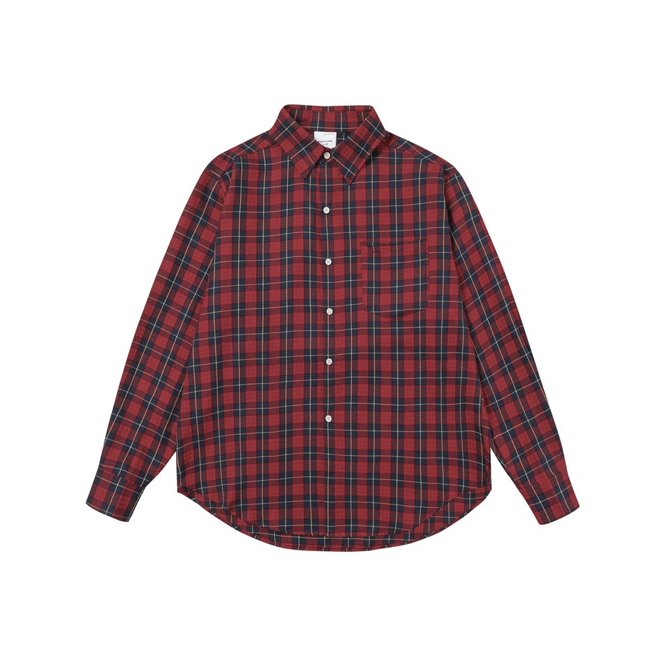 Red plaid long-sleeve button-up shirt with chest pocket, flat front view on white background