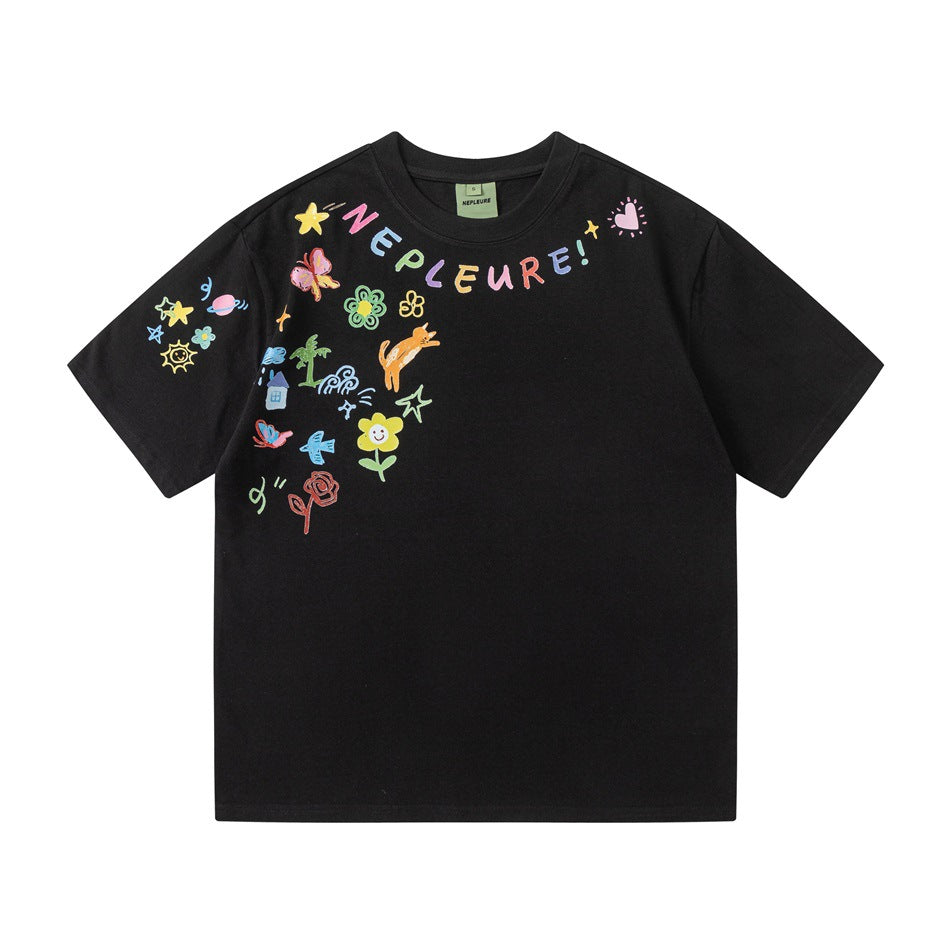 Black short-sleeve crew-neck T-shirt with colorful doodle prints and multicolor lettering across the neckline and shoulder