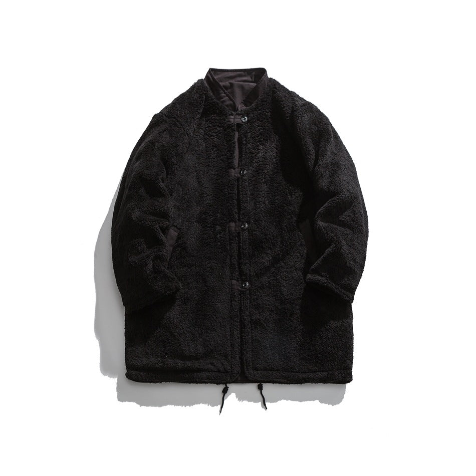 Front view of a black textured long coat with a stand collar, button-and-loop closures, side pockets and hem drawcords.