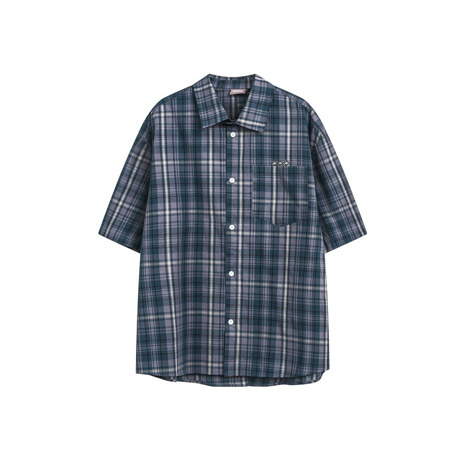 Blue-green and gray plaid short-sleeve button shirt with chest pocket, front flat view