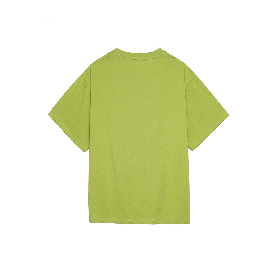 Back view of a plain light green short-sleeve crewneck t-shirt with a drop-shoulder shape