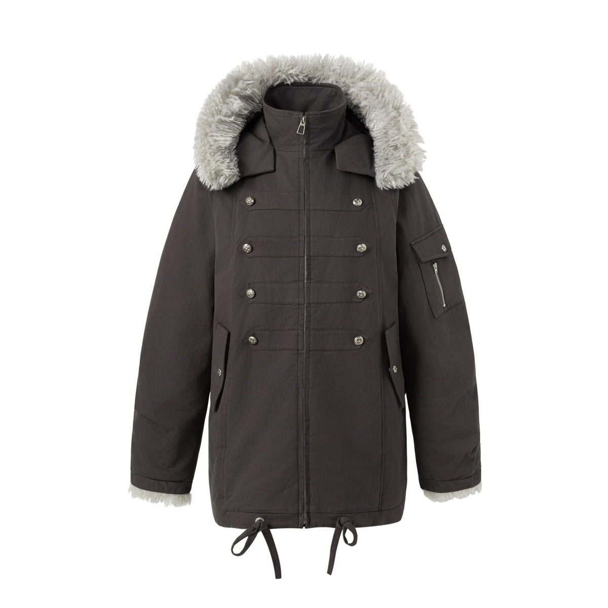 Dark gray hooded parka jacket with light gray fluffy trim, double button bands, sleeve pocket and drawstring hem, front view