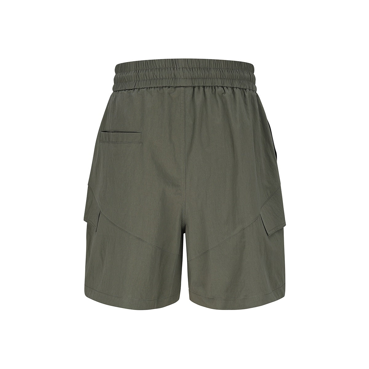 Rear view of olive-gray shorts with a gathered elastic waistband, small back pocket, and angled side panels.
