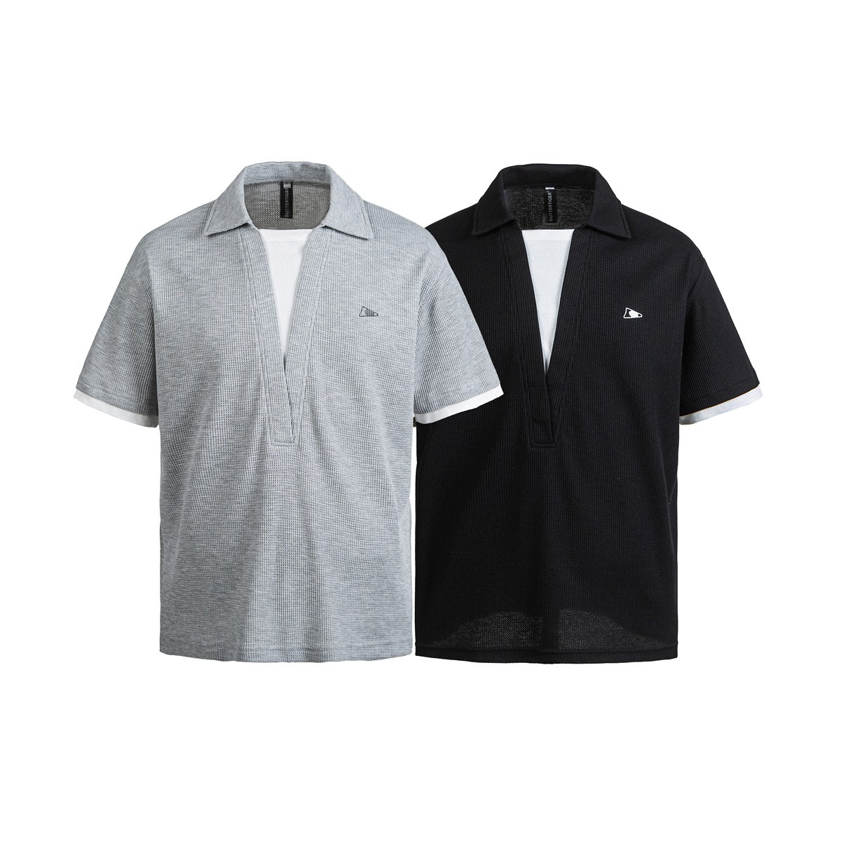 Gray and black short-sleeve collared polo shirts with open plackets, white sleeve trim, and small chest emblems.