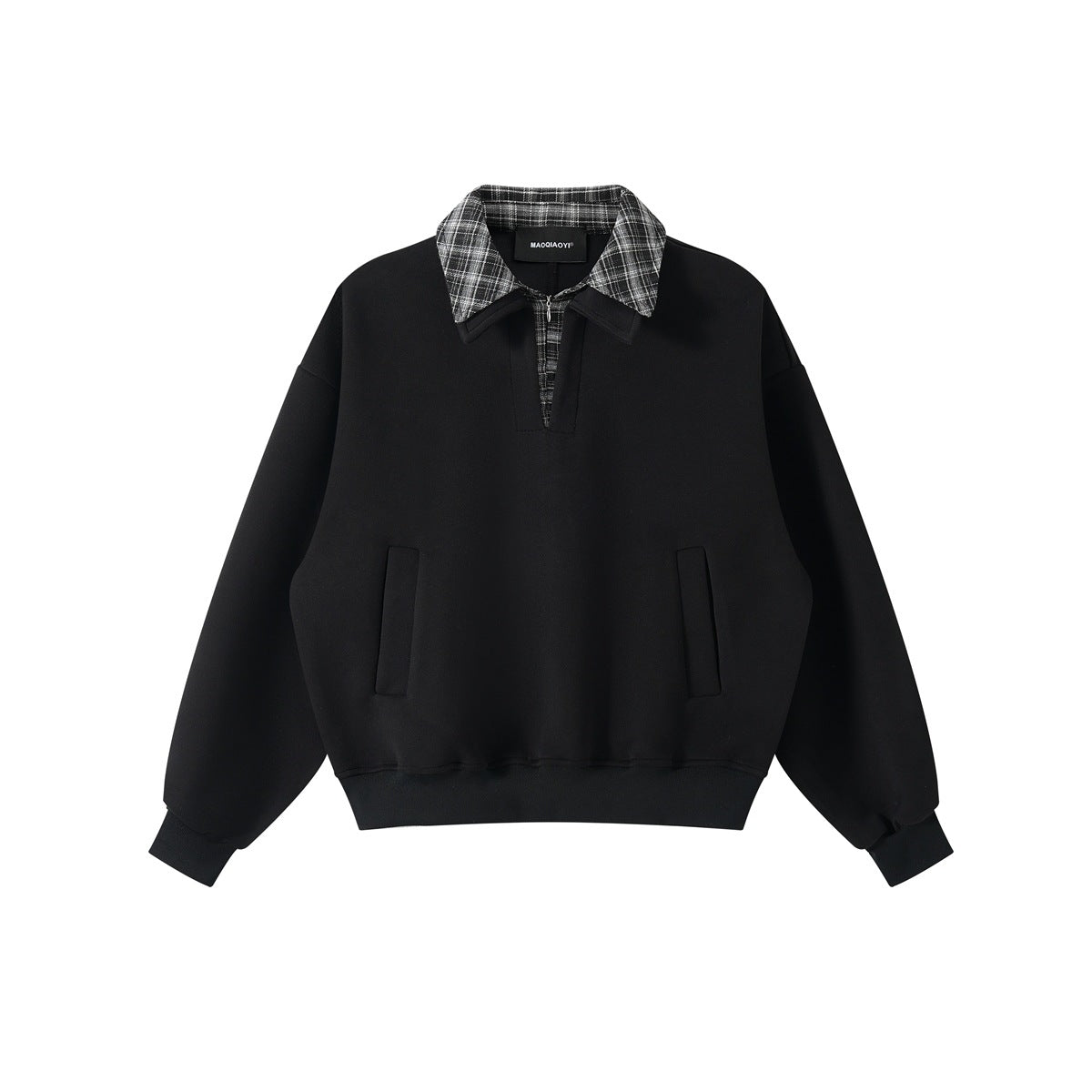 Black sweatshirt with black-and-gray plaid collar, short zip placket, slit pockets and ribbed cuffs and hem, flat lay