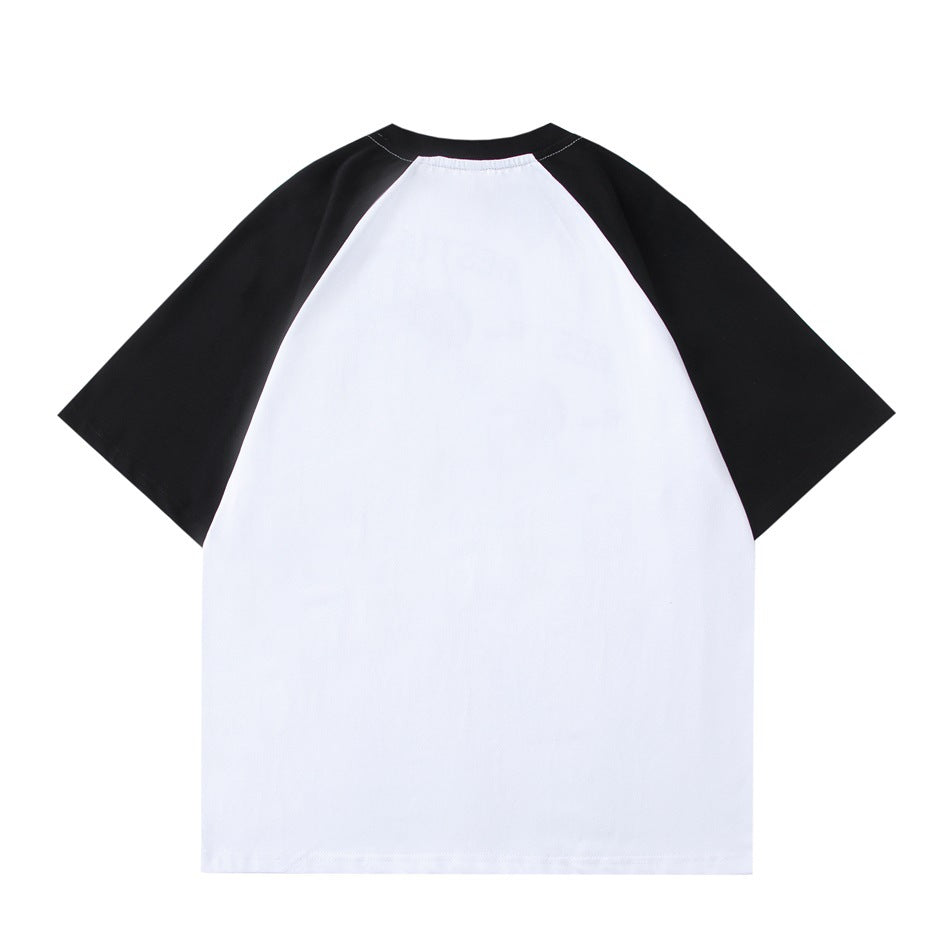 Back view of a white T-shirt with black raglan sleeves and a plain back