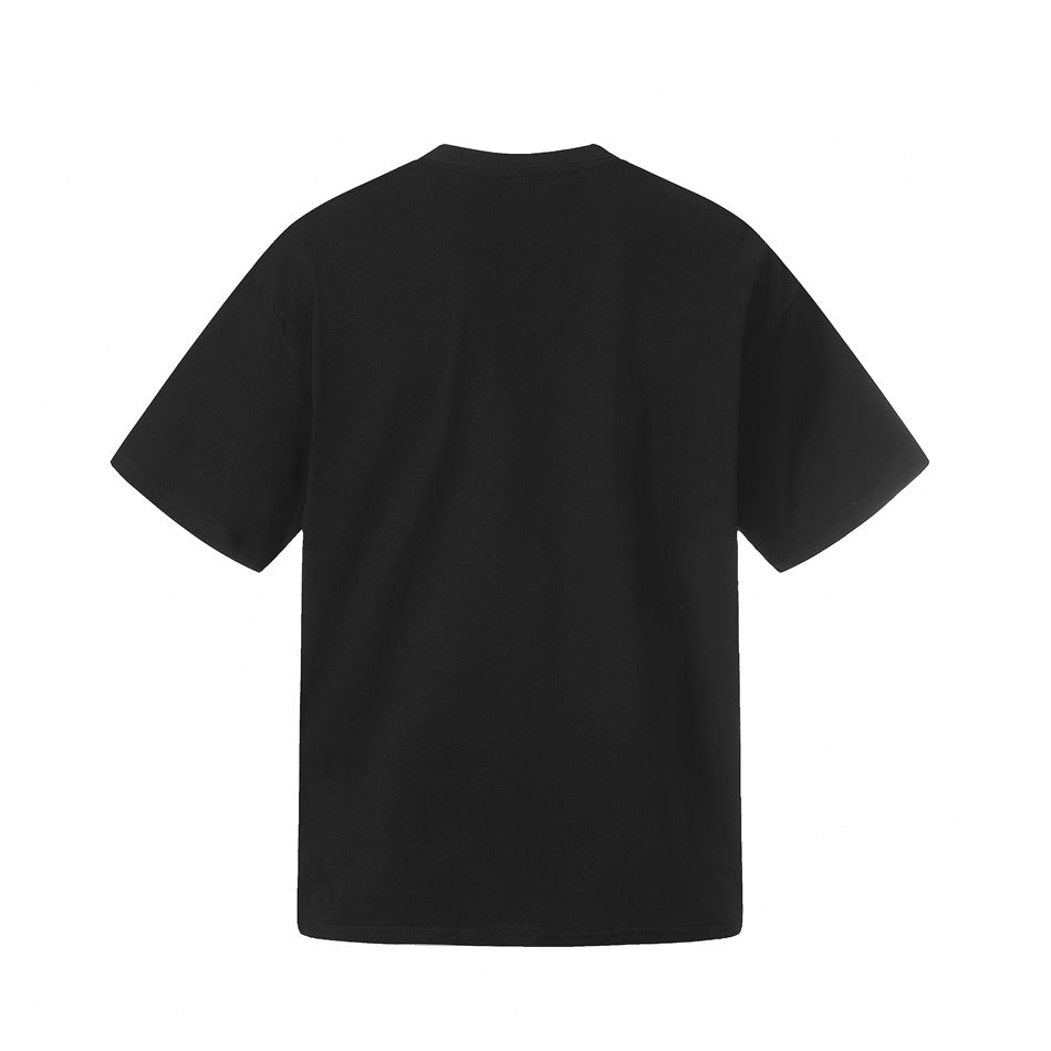 Back view of a plain black short-sleeve crew-neck T-shirt on a white background.