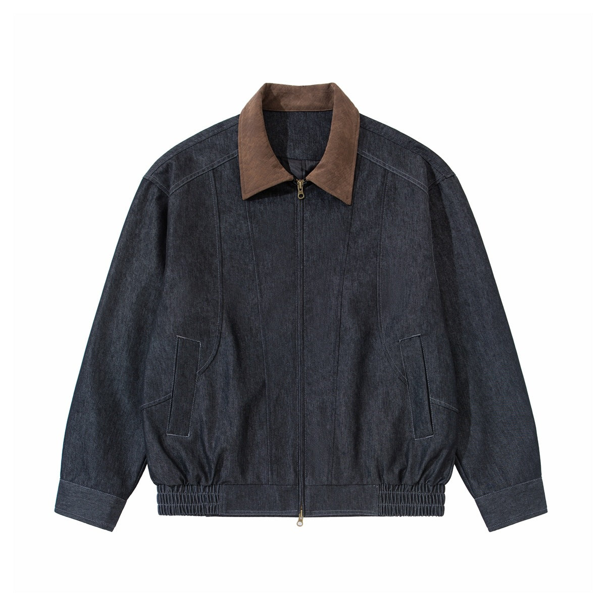 Dark indigo denim-look zip jacket with brown textured collar, flat front view, elastic hem and slanted pockets
