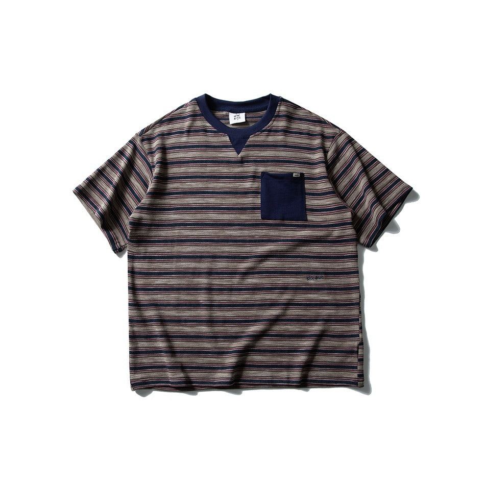 Flat-lay front of a navy, taupe and burgundy striped short-sleeve T-shirt with navy collar and chest pocket