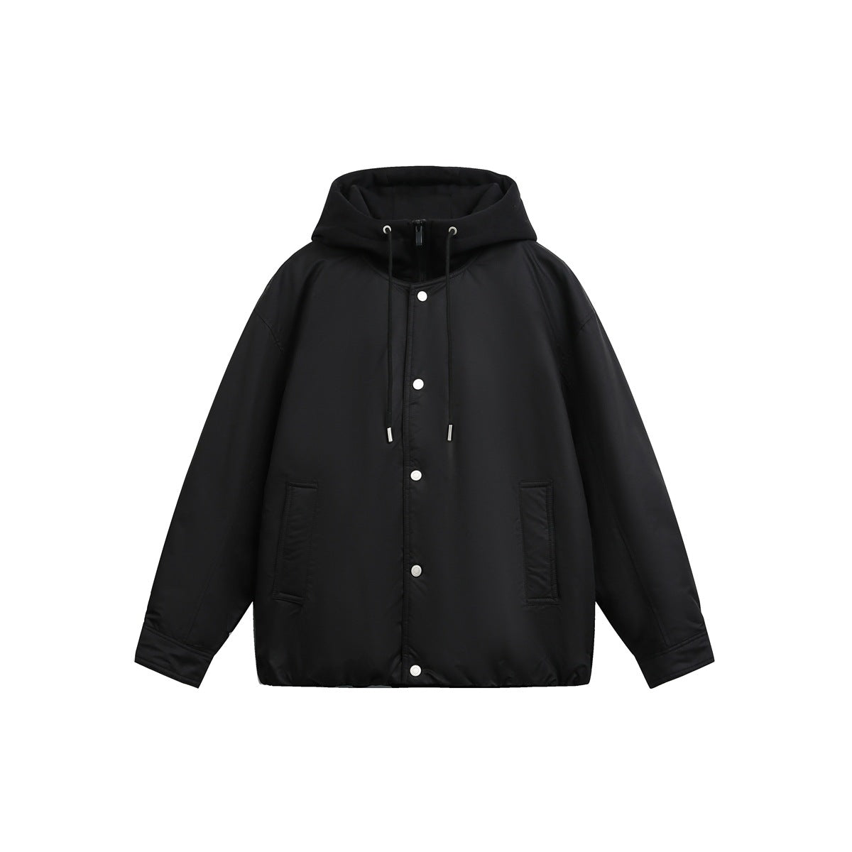 Black hooded jacket with snap front, drawstring hood, front pockets and gathered hem, flat front view