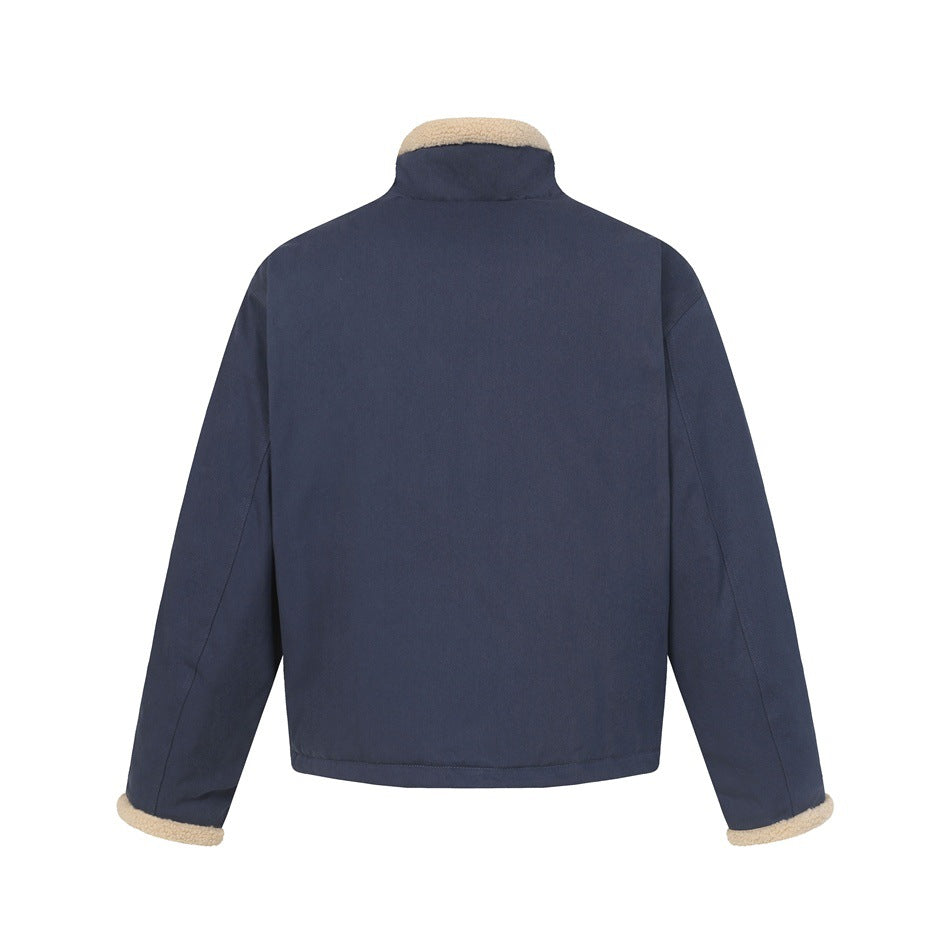 Back view of a navy jacket with a cream sherpa collar and cuffs, displayed flat.