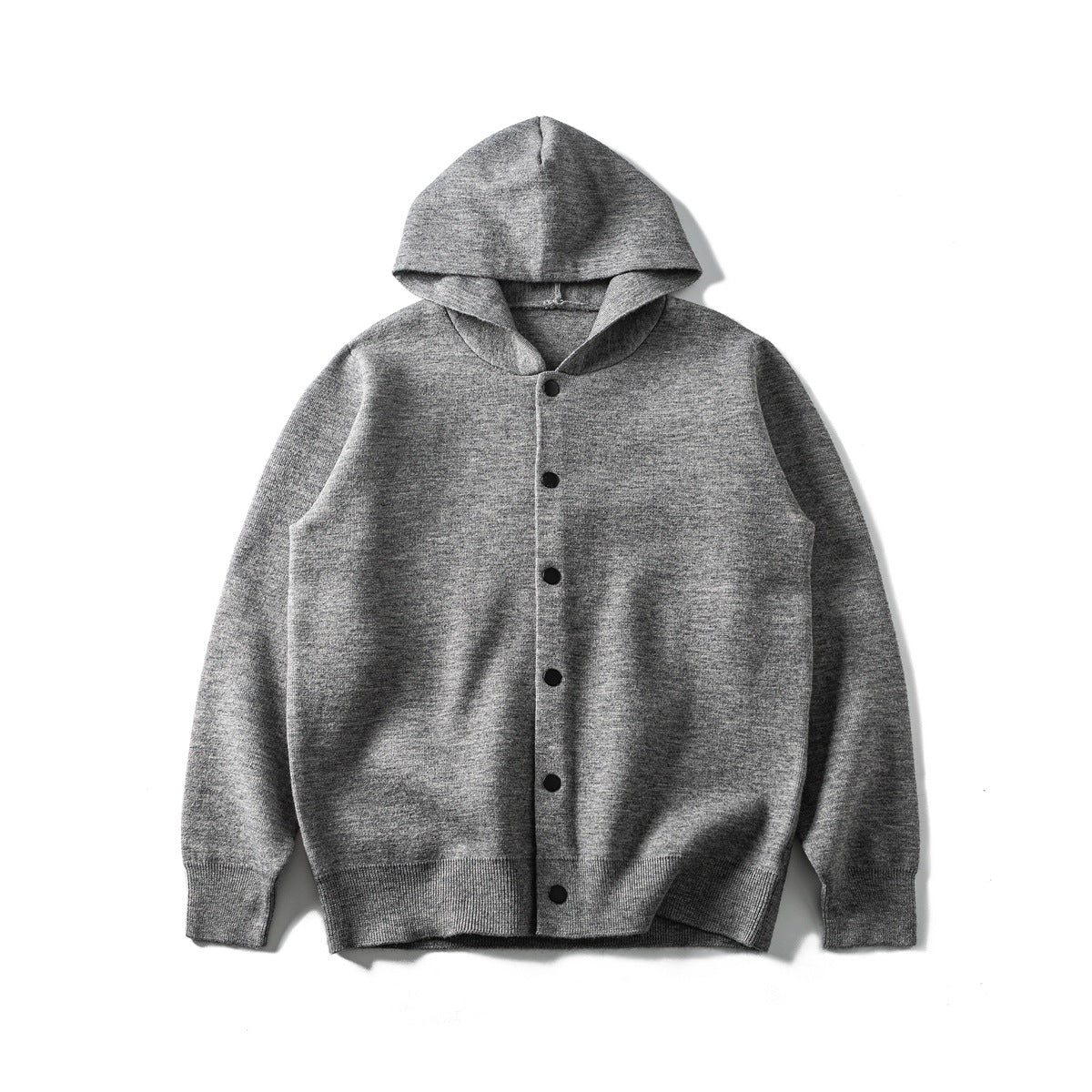 Heathered gray knit hooded cardigan flat lay with front row of black buttons and ribbed hem